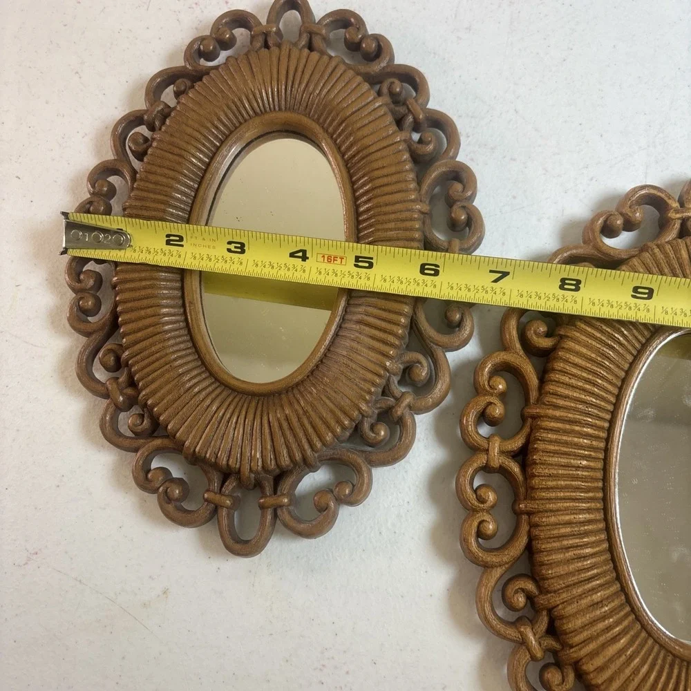 VINTAGE PR HOMCO BROWN RATTAN WICKER SMALL ACCENT MIRRORS 2615 9.5